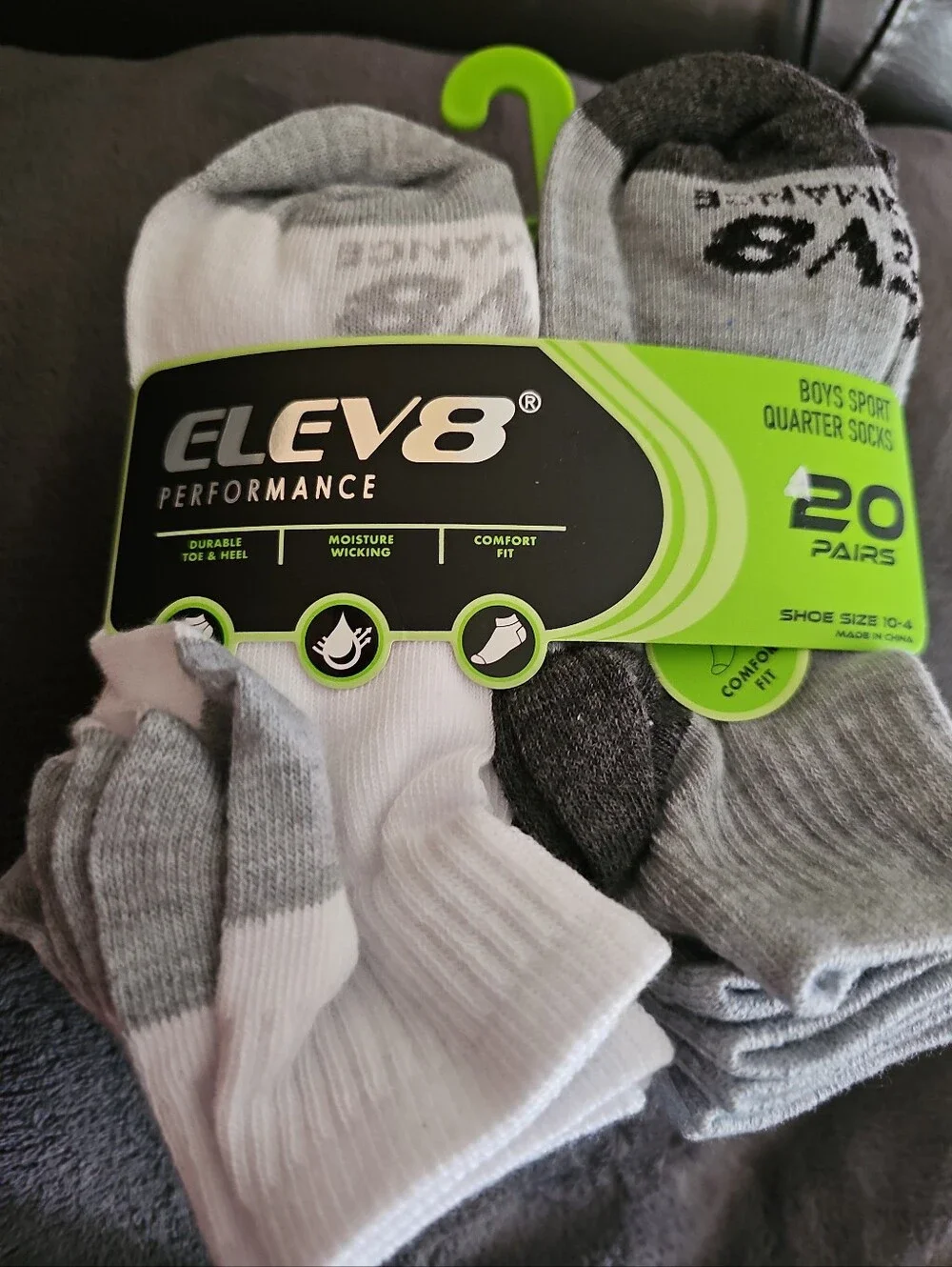 Elev8 Boys 20-Pack Quarter Socks - White & Gray